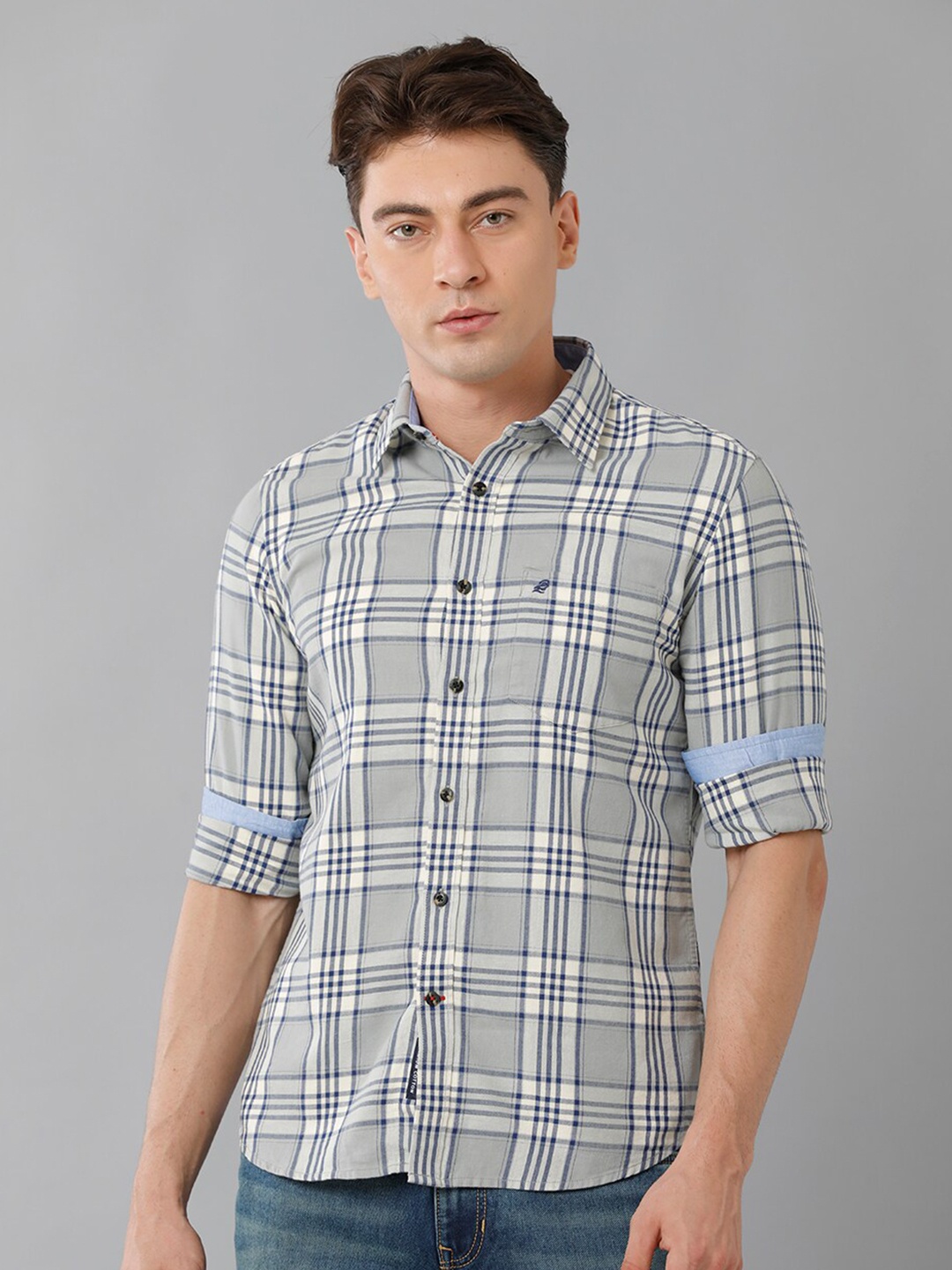 

Double Two Slim Fit Tartan Checks Cotton Casual Shirt, Grey