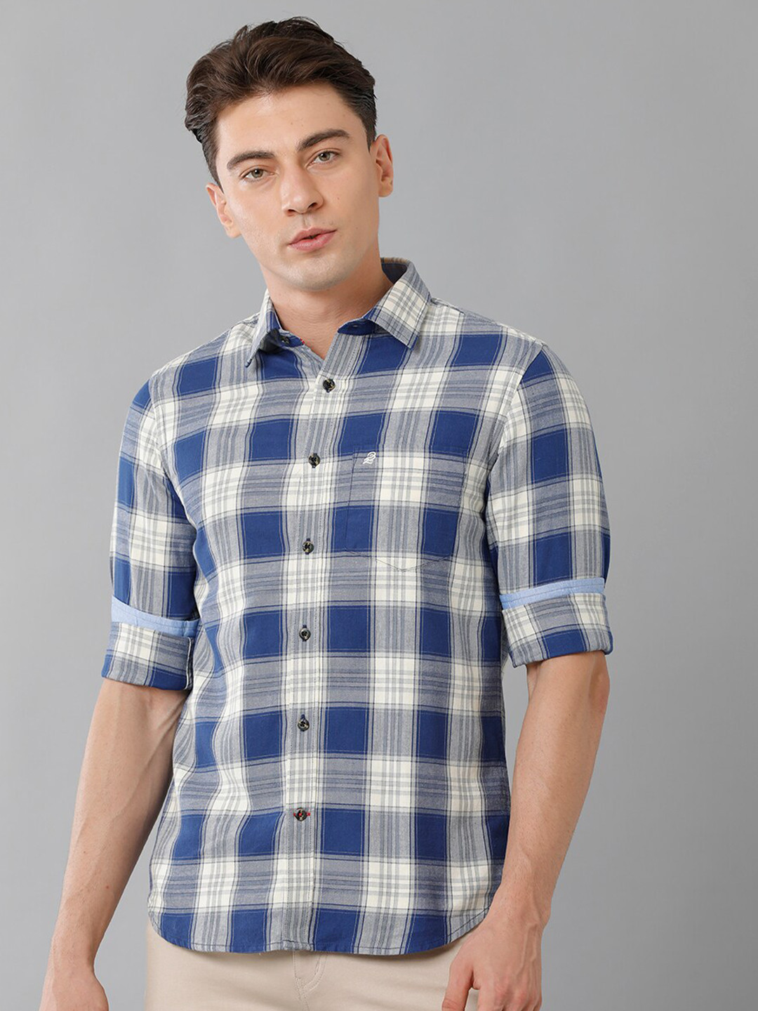 

Double Two Slim Fit Tartan Checks Cotton Casual Shirt, Blue