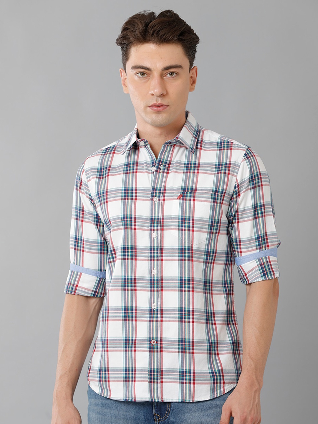 

Double Two Slim Fit Tartan Checks Cotton Casual Shirt, White