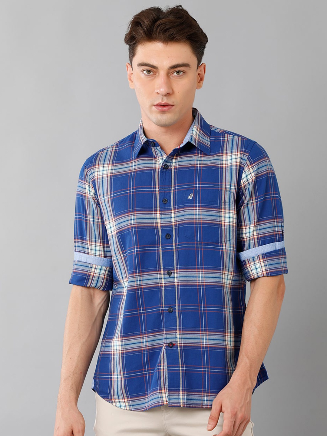 

Double Two Slim Fit Tartan Checks Cotton Casual Shirt, Navy blue
