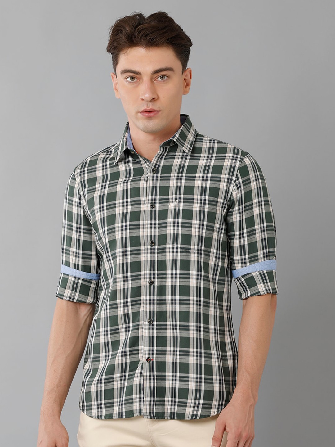 

Double Two Slim Fit Tartan Checks Cotton Casual Shirt, Green
