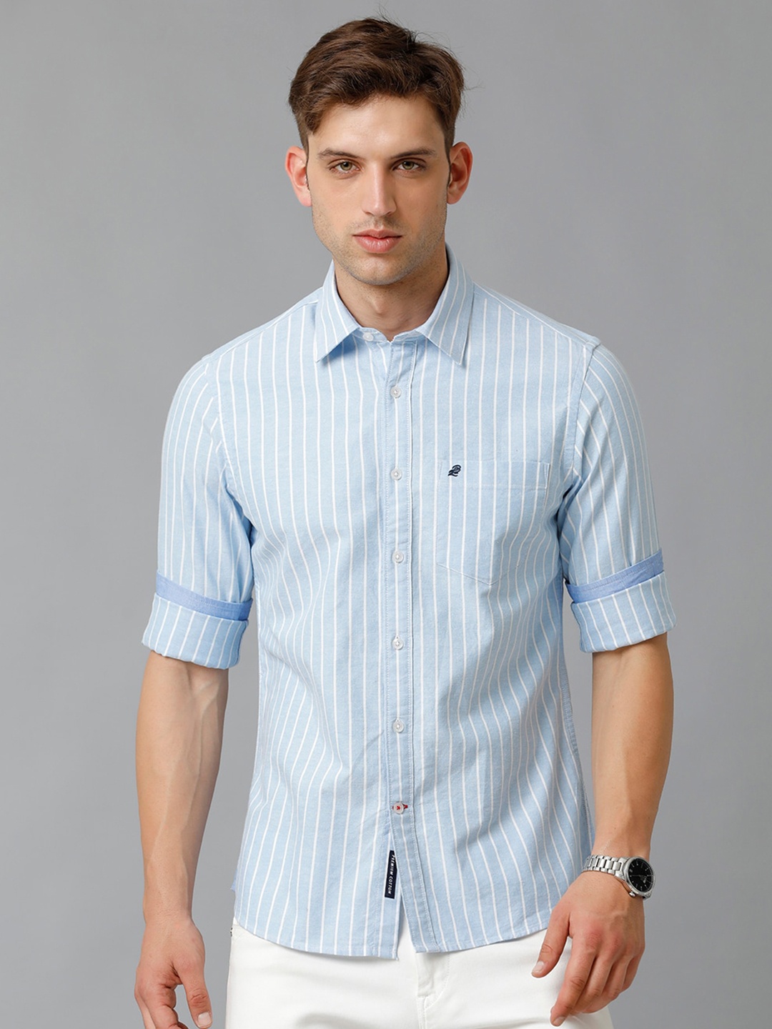 

Double Two Slim Fit Striped Cotton Casual Shirt, Blue