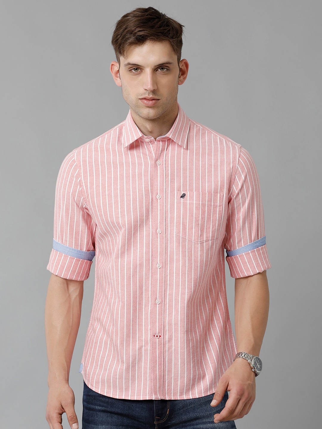 

Double Two Slim Fit Striped Cotton Casual Shirt, Pink