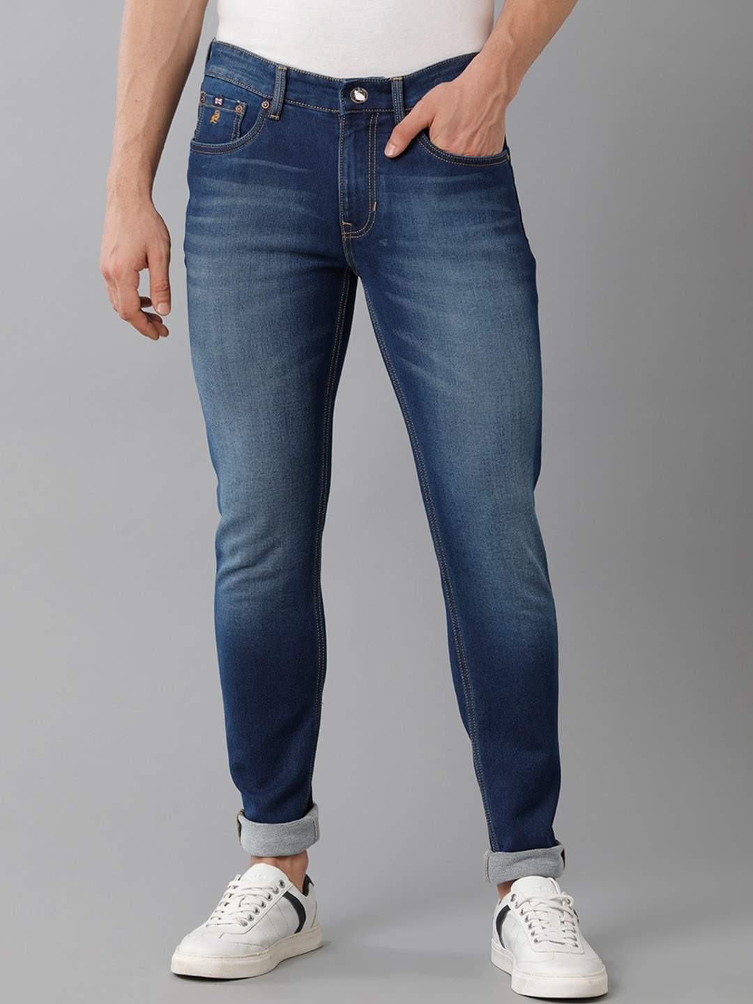 

Double Two Men Lean Slim Fit Light Fade Clean Look Stretchable Jeans, Blue