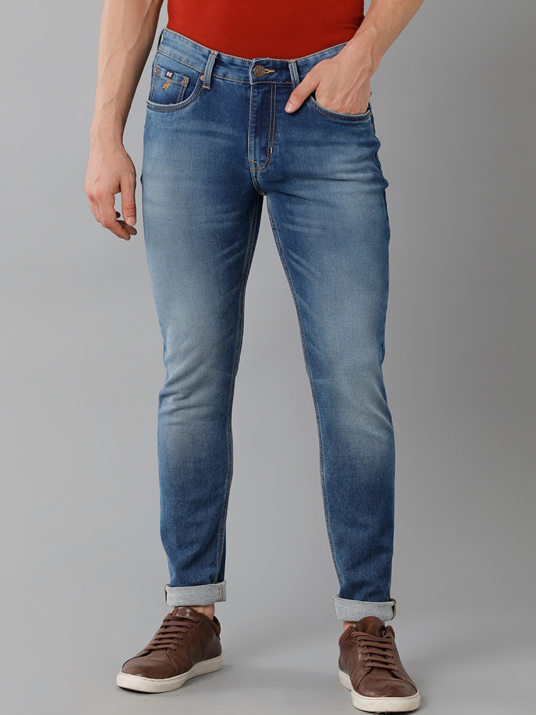 

Double Two Men Lean Slim Fit Light Fade Stretchable Cotton Clean Look Jeans, Blue