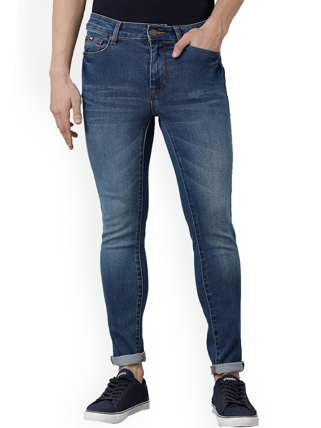 

Double Two Men Lean Slim Fit Light Fade Clean Look Stretchable Cotton Jeans, Blue