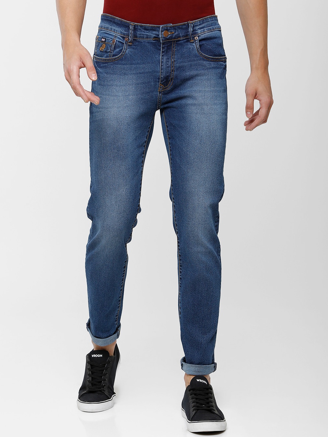 

Double Two Men Lean Slim Fit Light Fade Clean Look Stretchable Jeans, Blue