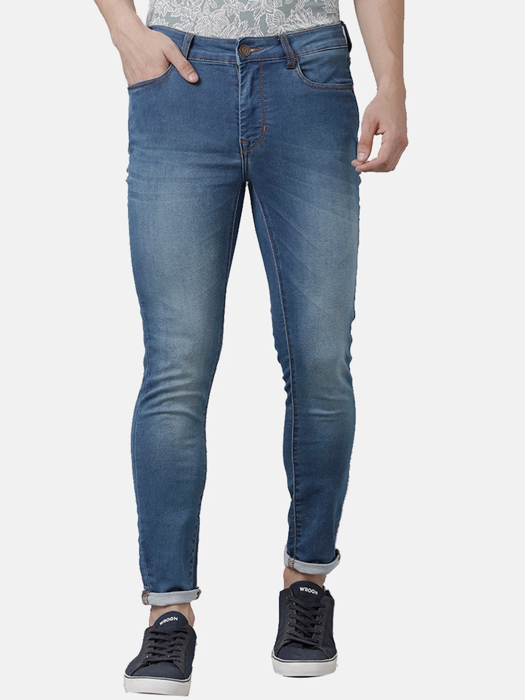 

Double Two Men Lean Slim Fit Light Fade Stretchable Cotton Clean Look Jeans, Blue