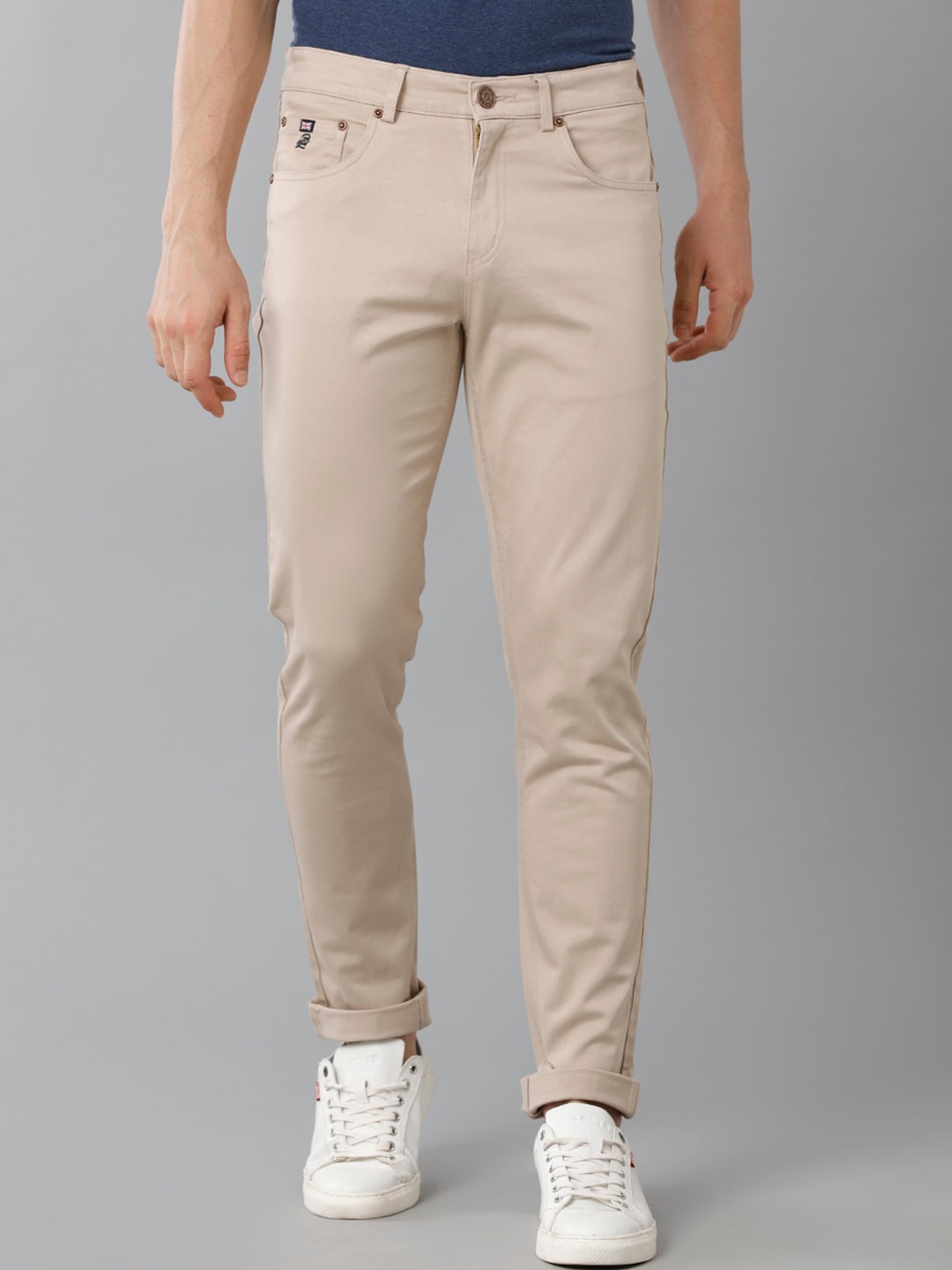 

Double Two Men Mid-Rise Smart Slim Fit Cotton Chinos Trousers, Beige