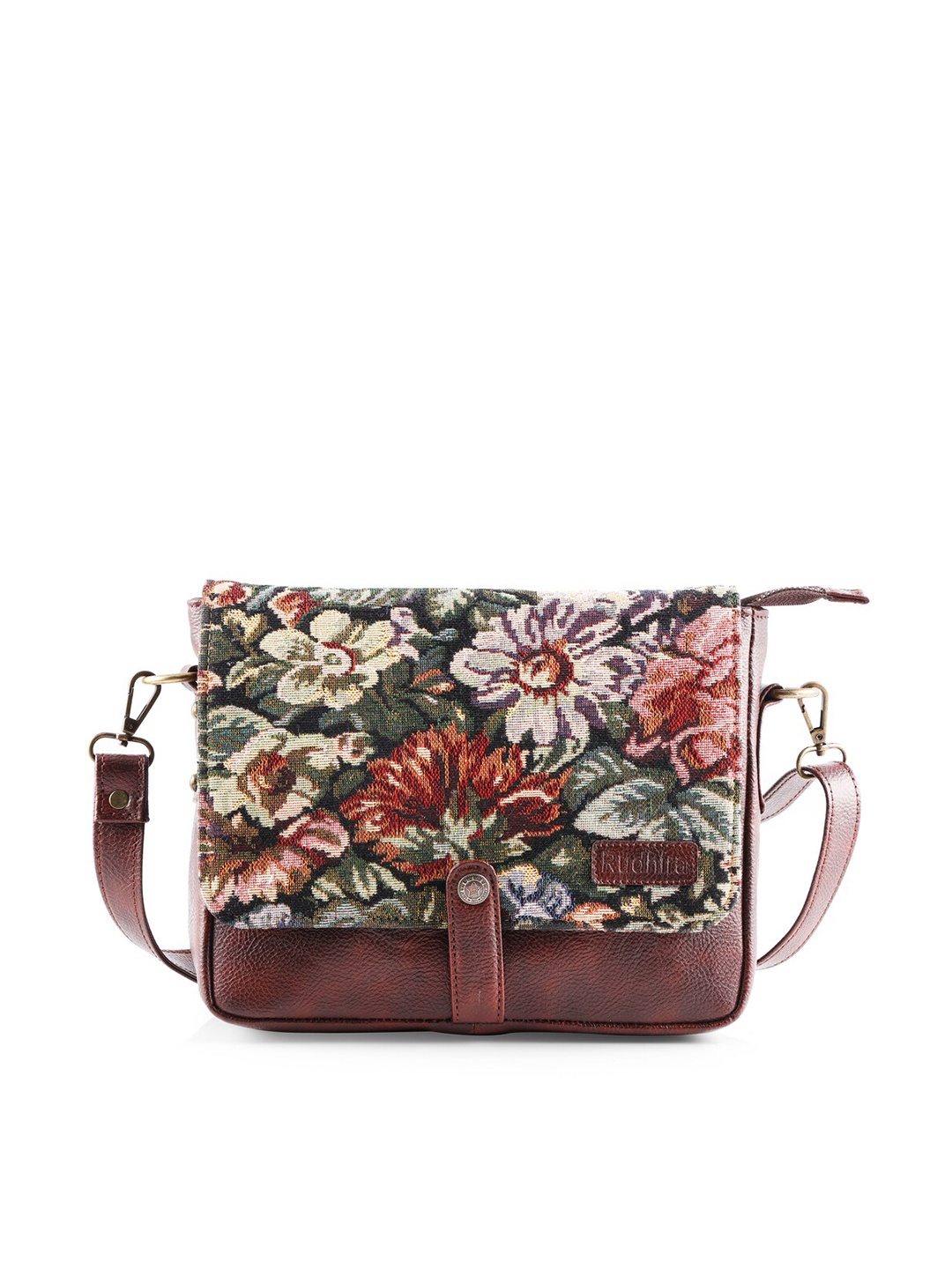 

RUDHIRA Floral Printed Leather Structured Sling Bag, Brown