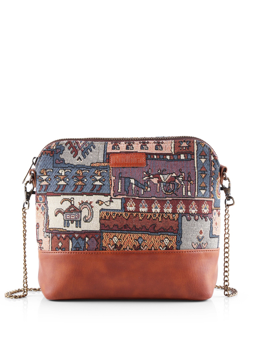 

RUDHIRA Ethnic Motifs Printed Leather Structured Sling Bag, Brown