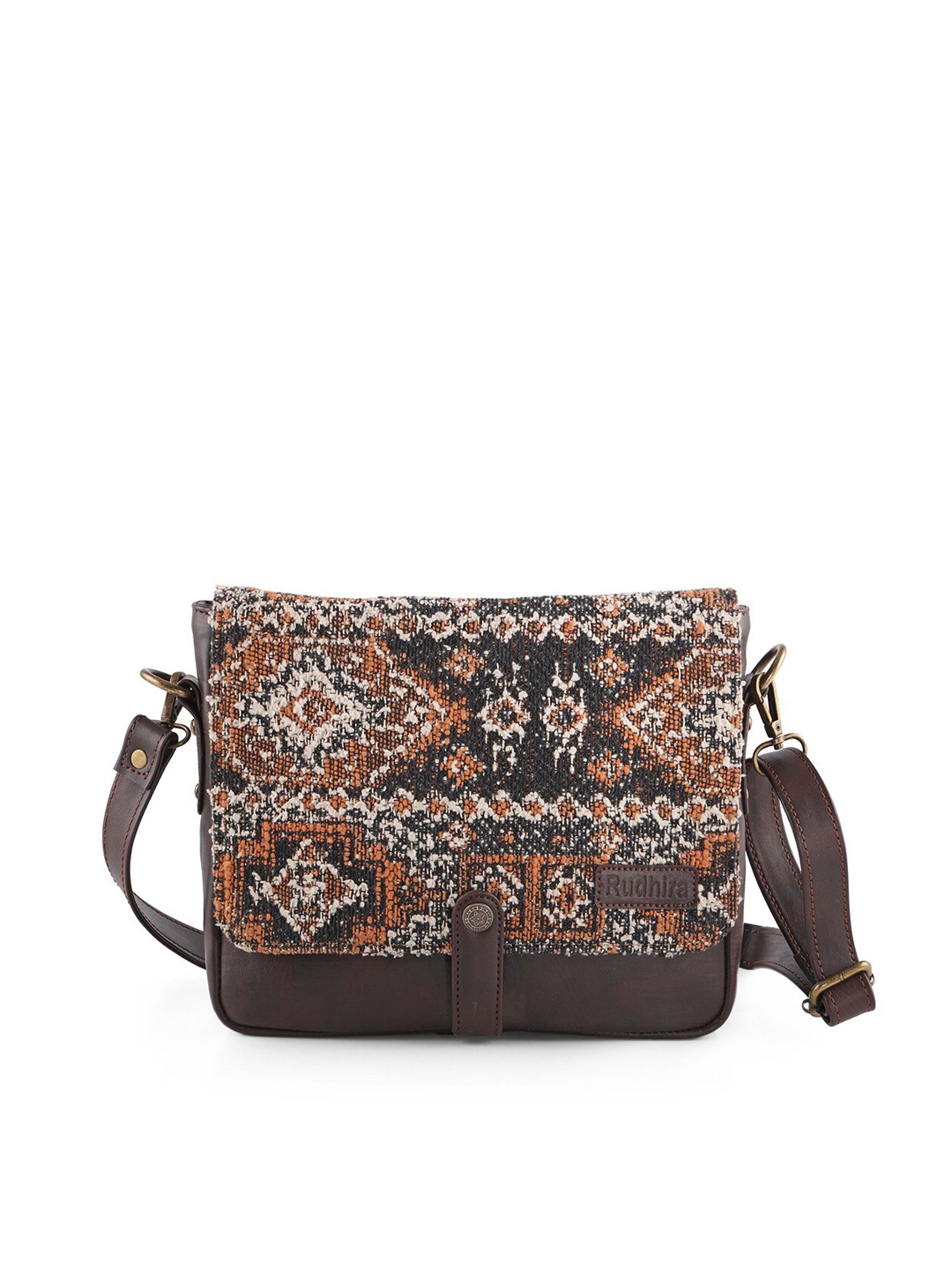 

RUDHIRA Ethnic Motifs Printed Leather Structured Sling Bag, Brown