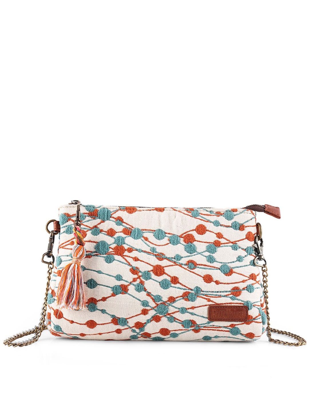 

RUDHIRA Printed Structured Sling Bag With Tasselled, White
