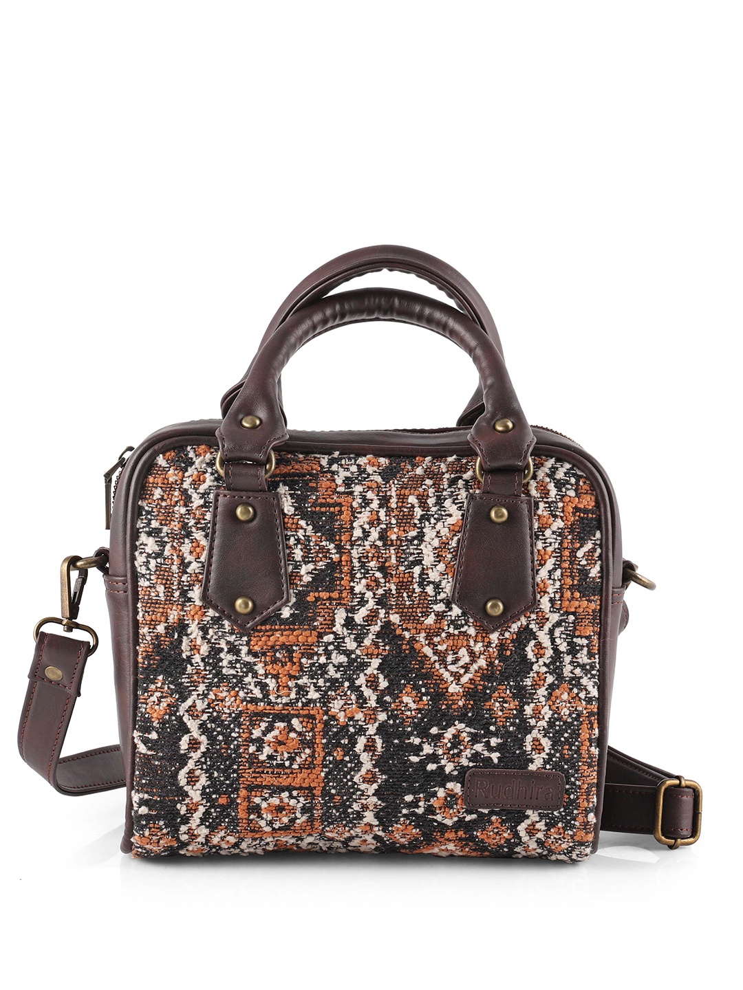

RUDHIRA Printed Leather Structured Satchel, Brown