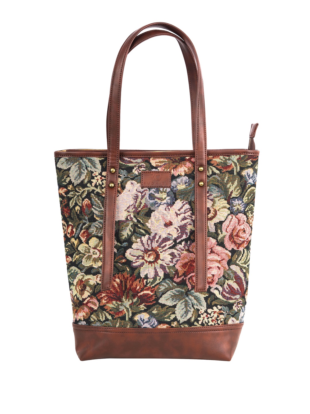 

RUDHIRA Floral Printed Leather Structured Tote Bag, Brown