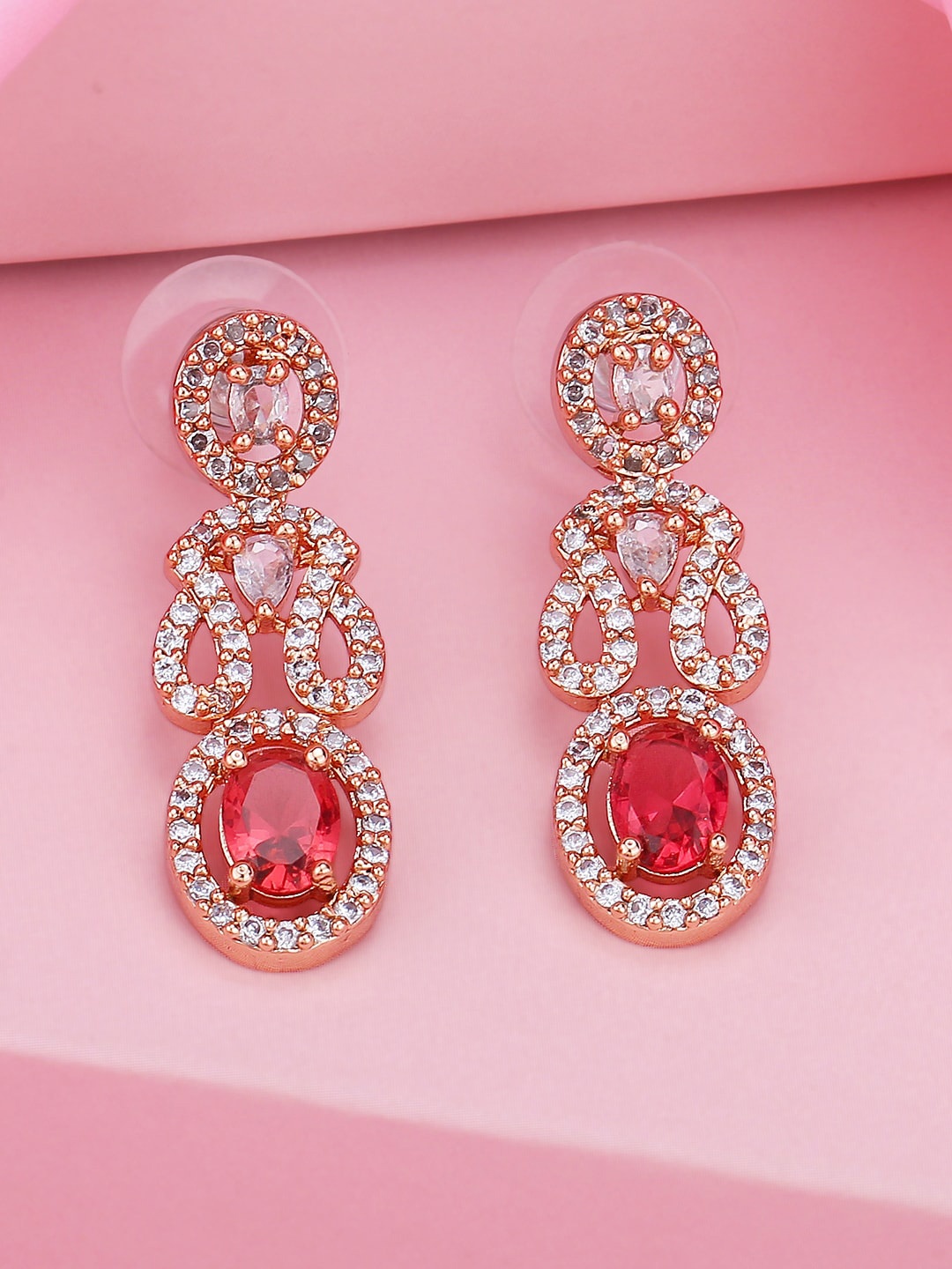 

Estele Rose Gold Plated CZ Studded Geometric Drop Earrings, Pink