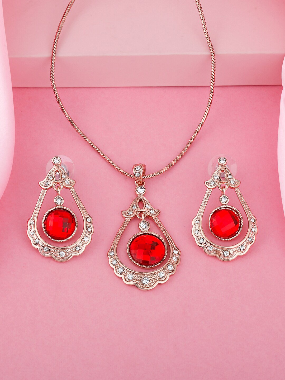 Estele Rose Gold Plated Gorgeous Drop Necklace Set, Red