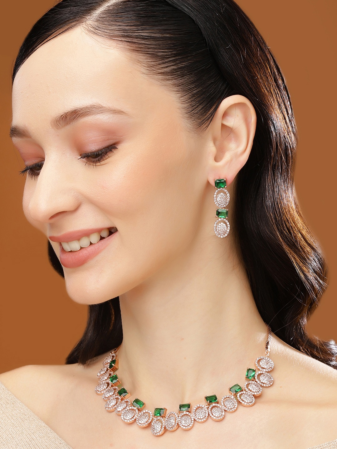 

Estele Rose Gold Plated CZ Circlet Designer Necklace Set with Green Crystals