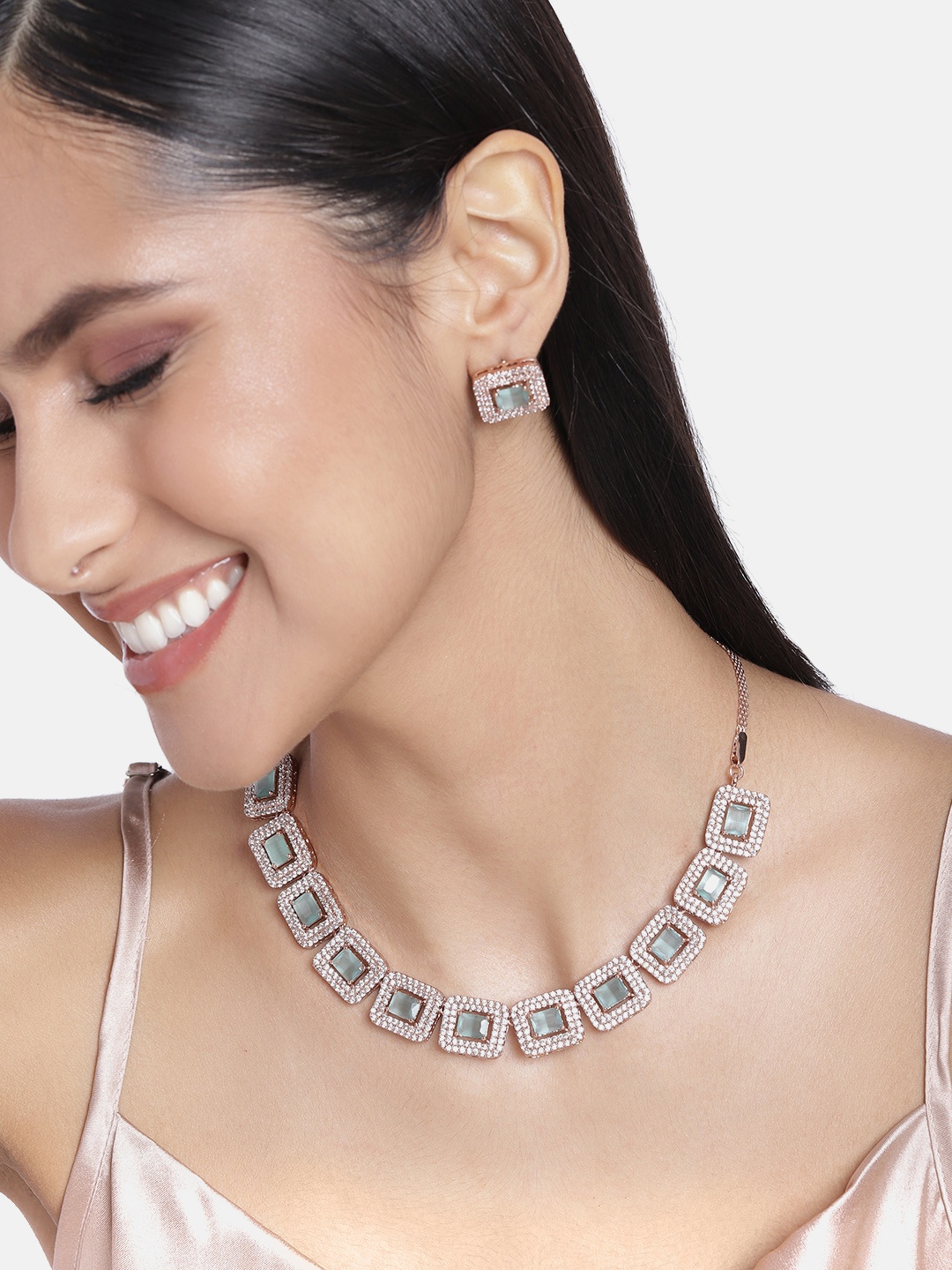 

Estele Rose-Gold Plated CZ Shimmering Necklace Set, Lime green