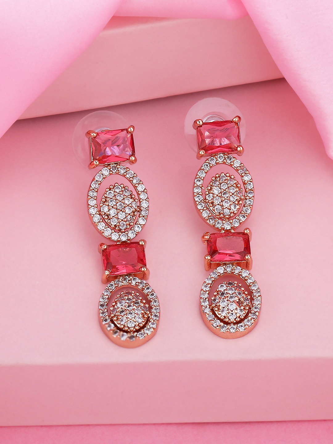 

Estele Rose Gold Plated CZ Studded Geometric Drop Earrings, Pink