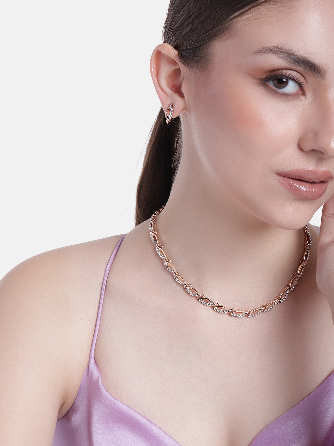 

Estele Rose-Gold Plated Leaf Crystals Jewellery Set, White