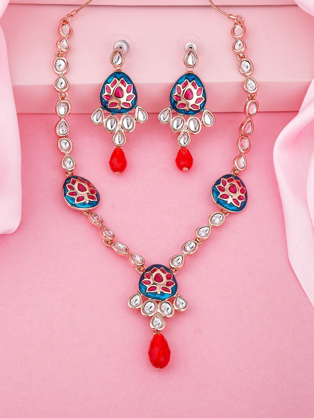 

Estele Rose Gold-Plated Kundan Studded Jewellery Set, Red