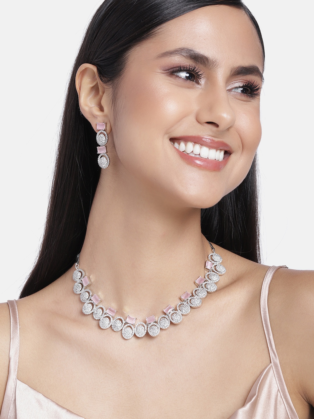 

Estele Rhodium Plated CZ Elegant Necklace Set, Rose