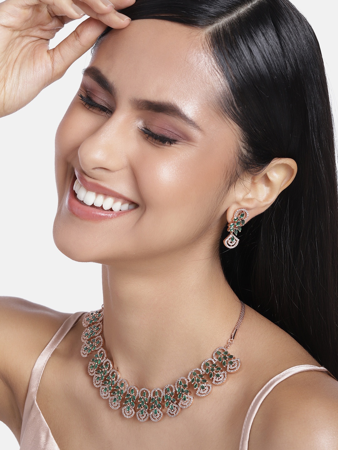 

Estele Rose Gold Plated CZ Marquise Melody Necklace Set with Green Crystals