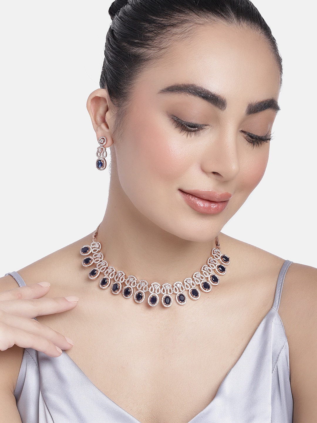 

Estele Rose Gold Plated CZ Magnificent Necklace Set with Blue Crystals