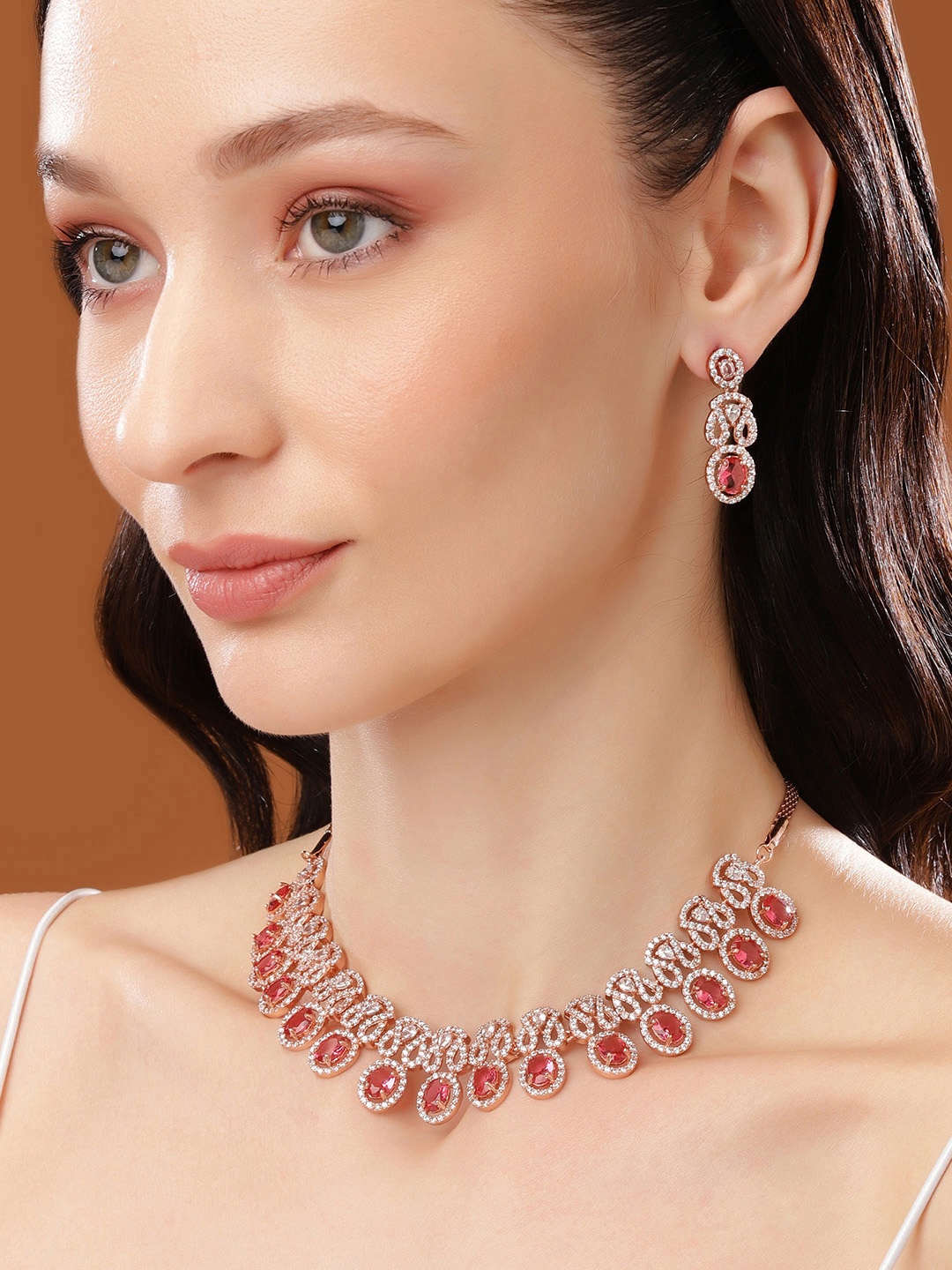

Estele Rose Gold Plated Dazzling Necklace Set with Ruby Stones