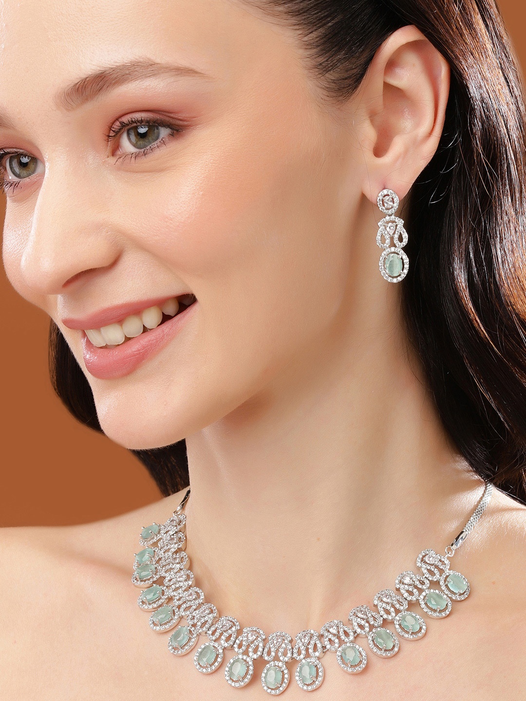 

Estele Rhodium Plated CZ Fascinating Necklace Set with Mint Green Crystals, White