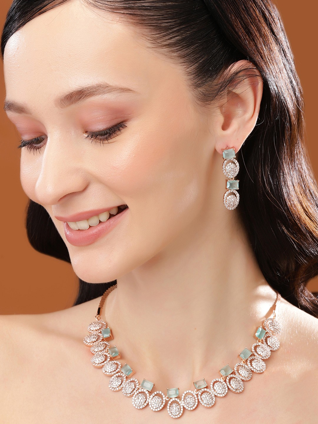 

Estele Rose Gold Plated CZ Fascinating Necklace Set with Mint Green Crystals