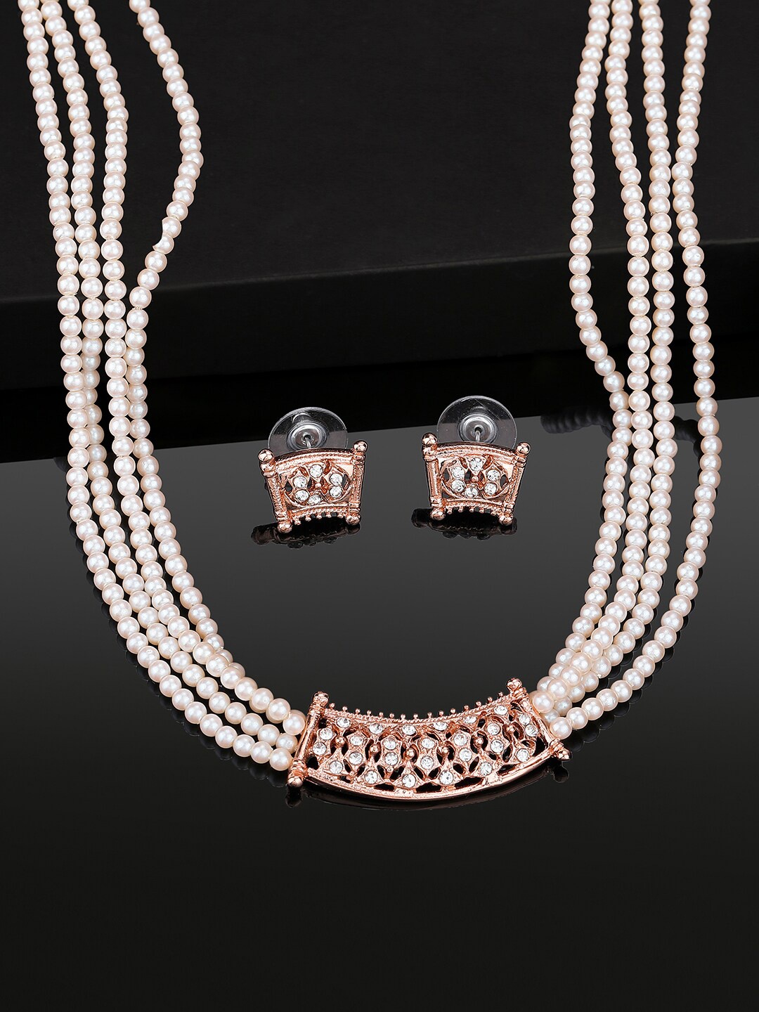 

Estele Rose Gold-Plated Stone-Studded & Beaded Jewellery Set