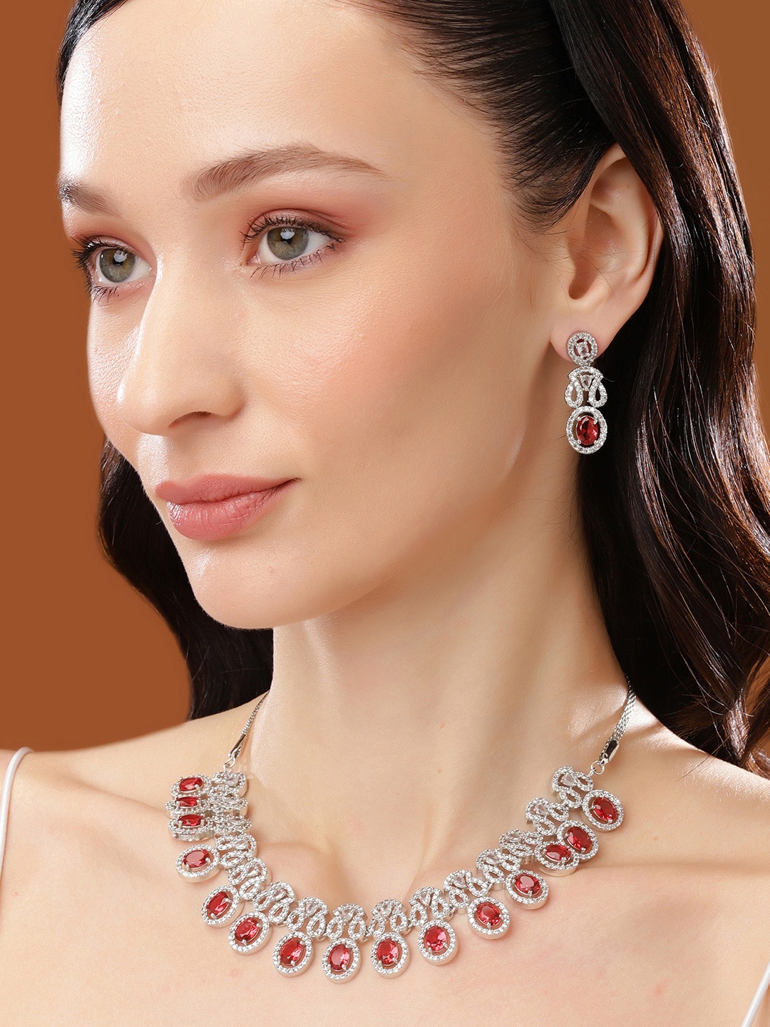 

Estele Rhodium-Plated Cubic Zirconia Studded Jewellery Set, Silver