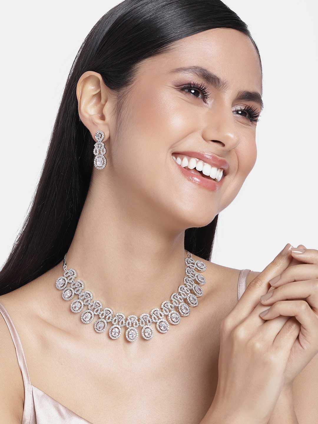 

Estele Rhodium Plated CZ Glittering Necklace Set, Silver