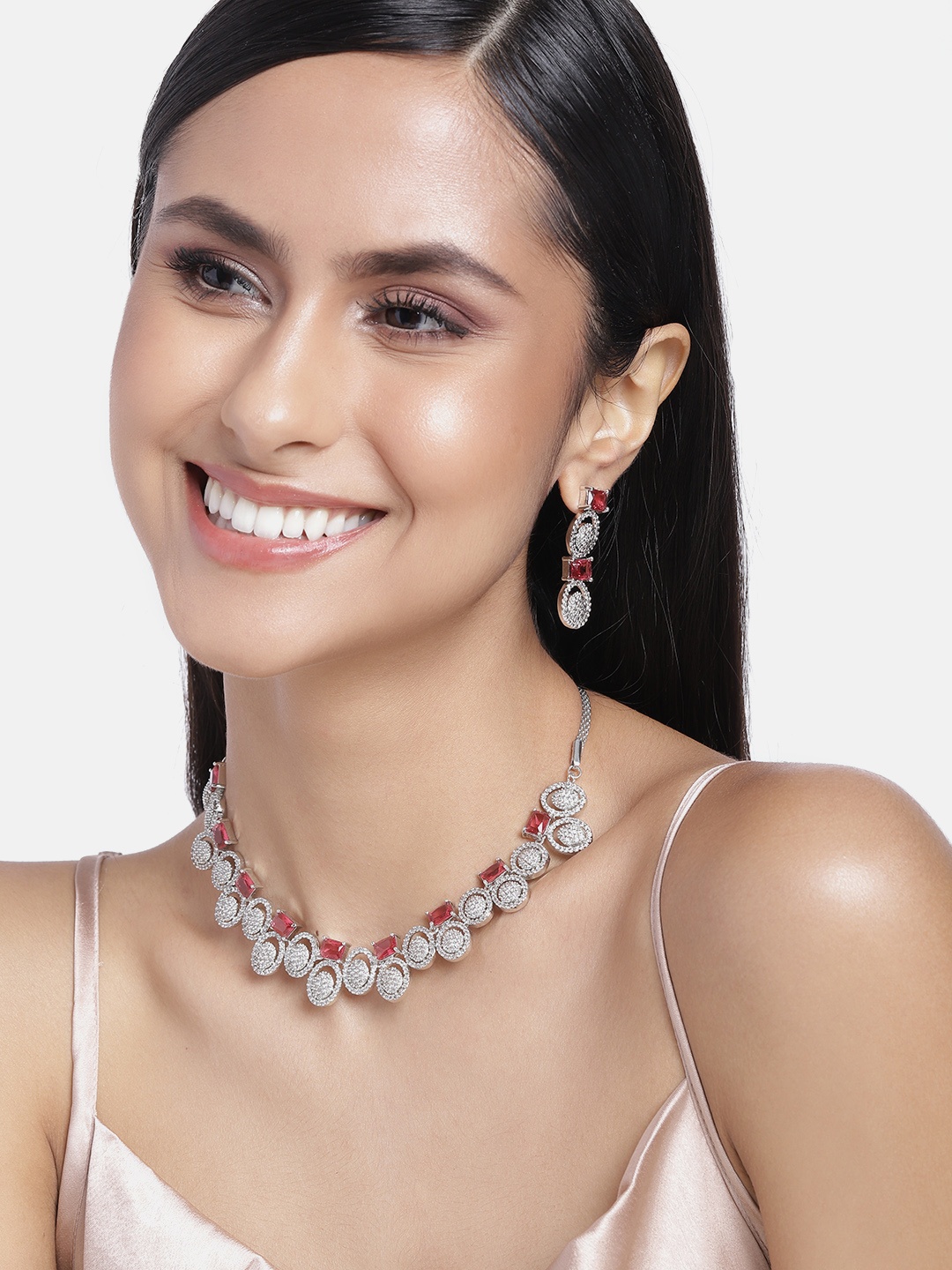 

Estele Rhodium Plated CZ Circular Designer Necklace Set with Pink Crystals