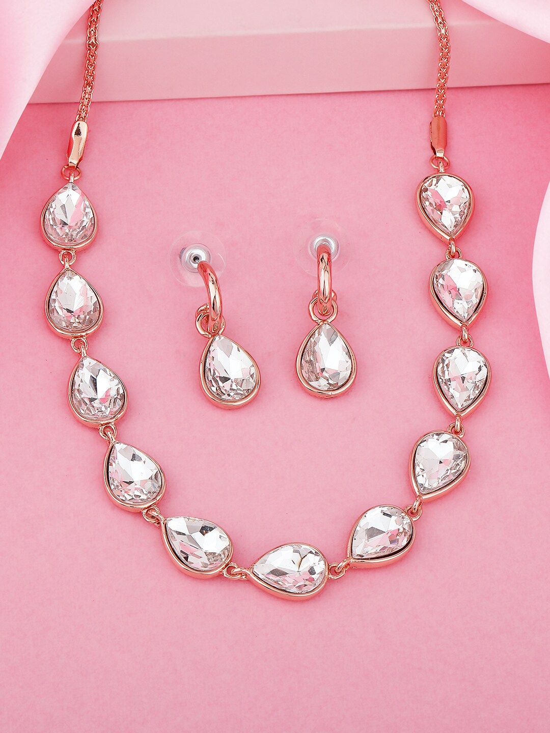 

Estele Rose Gold-Plated Sparkling Drop Designer CZ Studded Necklace Set, White