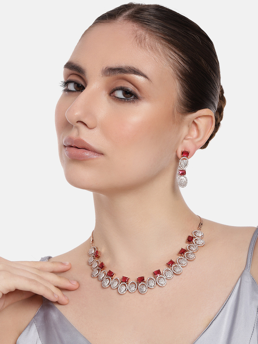 

Estele Women Rose Gold Plated Cubic Zirconia & Faux Ruby Studded Jewellery Set, Pink