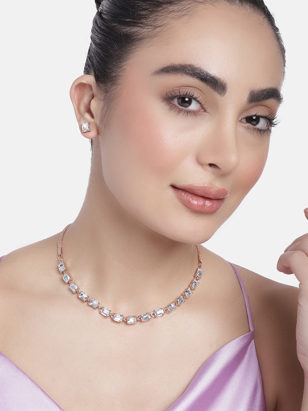 Estele Rose Gold Plated Sparkling Necklace Set with Crystals, White