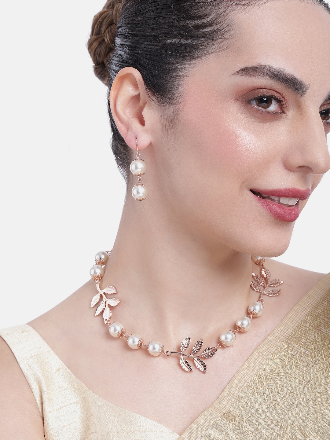 

Estele Rose Gold-Plated Leaf Shaped Beaded Jewellery Set