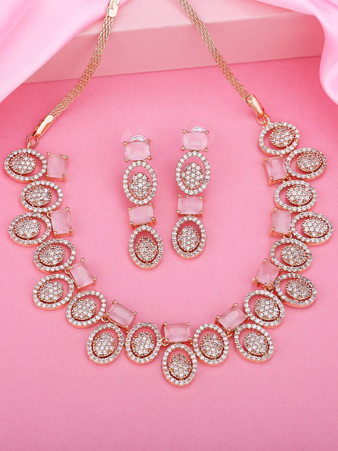 

Estele Rose Gold Plated CZ Astonishing Necklace Set with Mint Pink Crystals