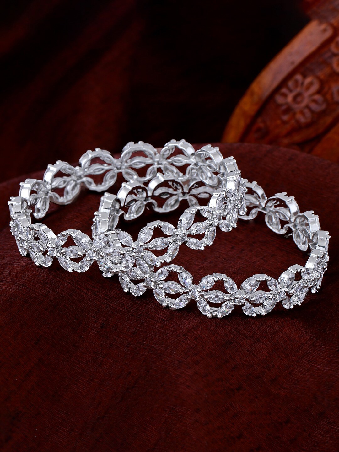 

Estele Set Of 2 Rhodium-Plated AD-Studded Bangles, Silver