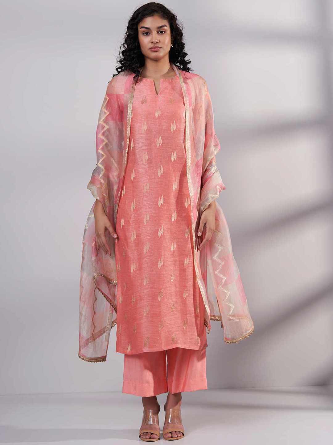 

Ganga Ethnic Motifs Woven Design Raw Silk Kurta with Palazzos & Dupatta, Peach