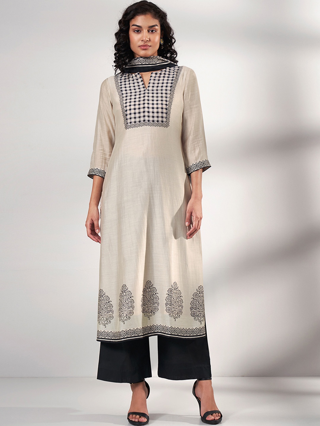 

Ganga Checked Raw Silk Kurta with Palazzos & Dupatta, Beige