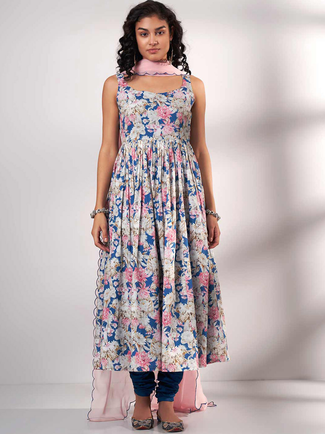 

Ganga Floral Printed Pleated Pure Cotton Kurta with Churidar & Dupatta, Blue
