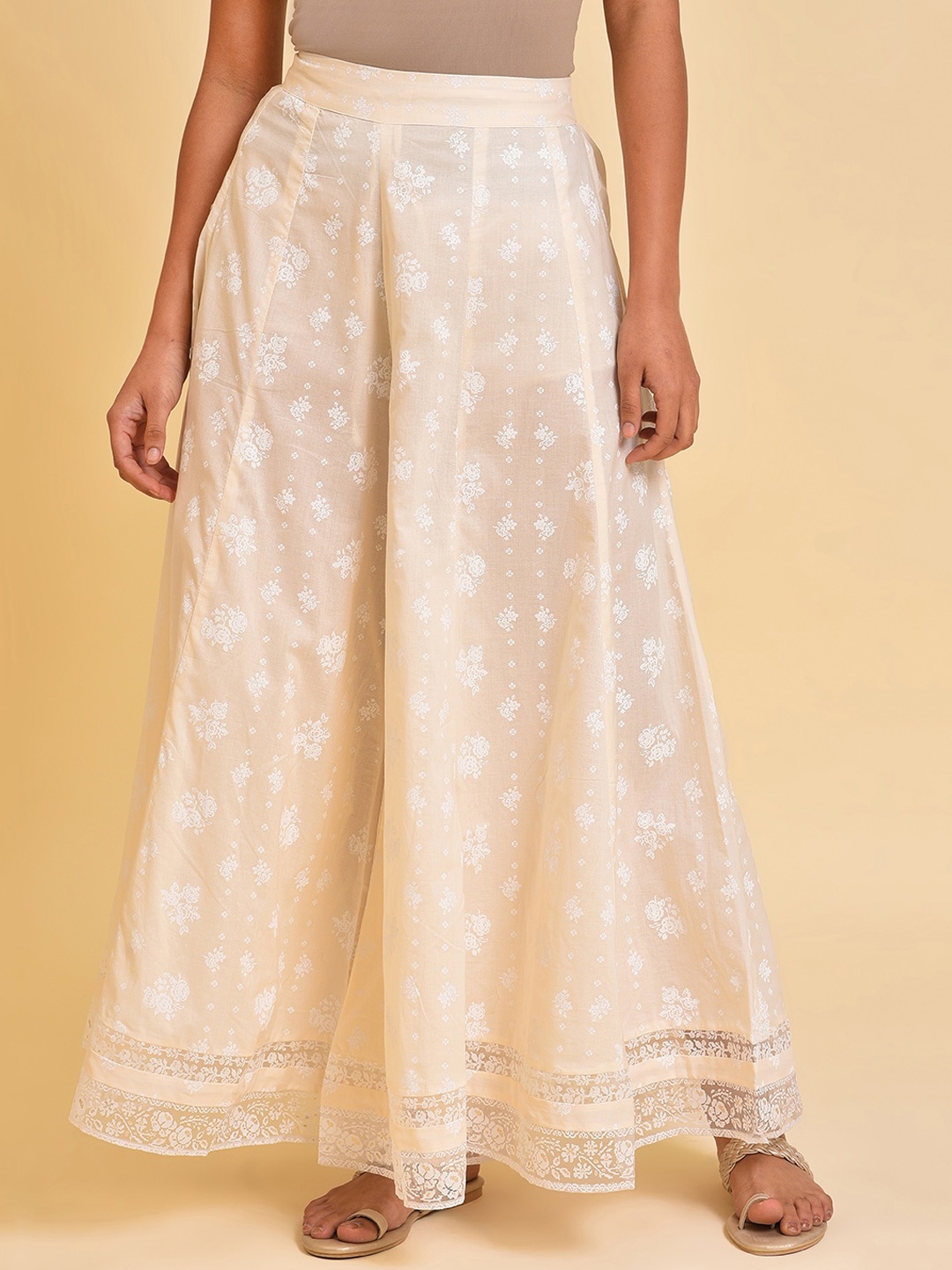 

W Women Floral Printed Loose Fit Pure Cotton Trousers, White