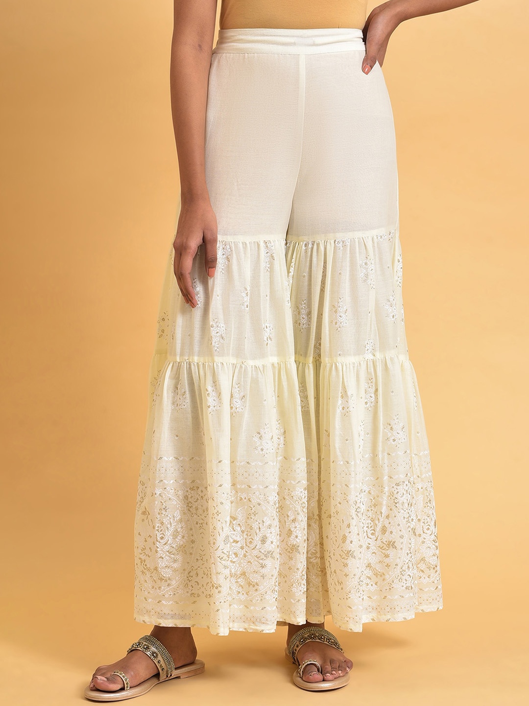

W Women Loose Fit Pleated Pure Cotton Trousers, White