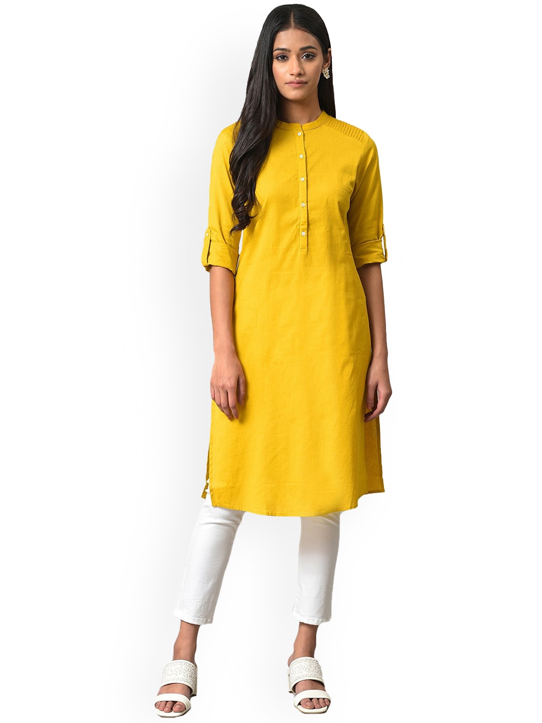 

W Yellow Mandarin Collar Roll Up Sleeves Kurta