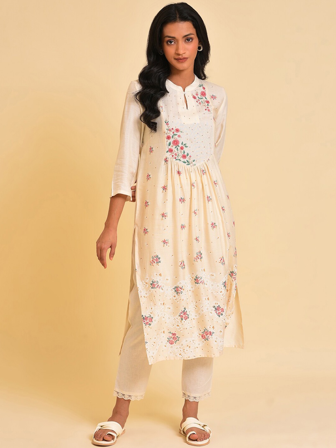 

W Women White & Pink Floral Printed Thread Work A-Line Kurta with Trousers, Off white