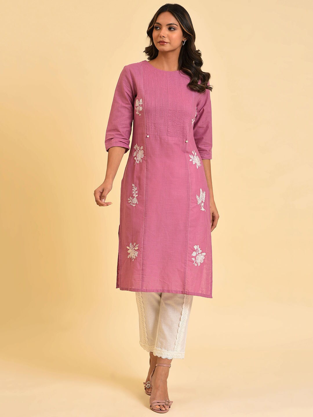 

W Floral Embroidered Pure Cotton Straight Kurta, Pink